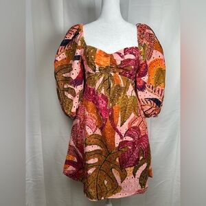 Kourt Robbie Palm Eyelet Mini Dress Small Puff Sleeves Tropical Green Pink